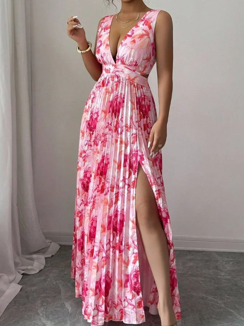 Multicolor Sexy Women's Sleeveless V-Neck A-Line Ruffle Floral Romantic Dress